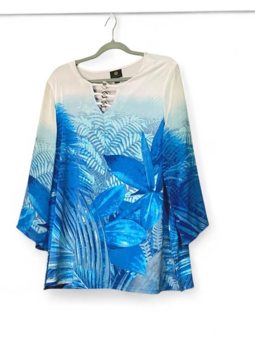 JM Collection Blue Tropical Palm Print Sheer Sleeve Blouse Size 1X